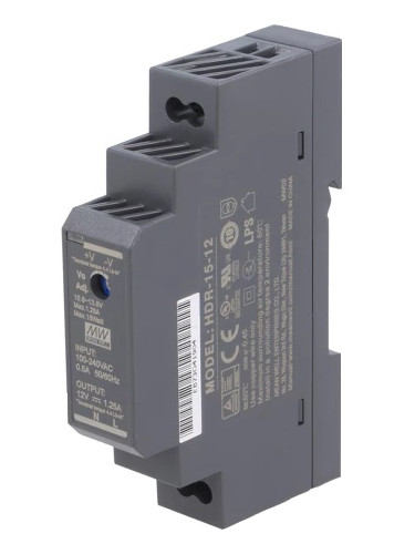 Импулсно захранване за DIN шина HDR-15-12, 12VDC, 1.25A, 15W, IP20, MEAN WELL