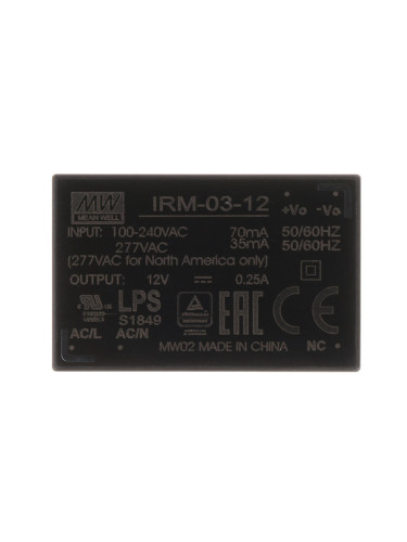 Импулсно захранване 0.25A/12VDC, 3W, IP20, IRM-03-12, модулно