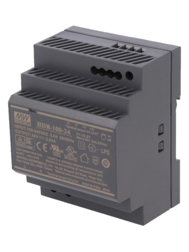 Захранване, за DIN шина, 230VAC, 3.83A, 24VDC, 92W, IP20, HDR-100-24