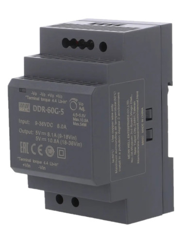 Импулсно захранване за DIN шина DDR-60G-5, 5VDC, 10.8A, 54W, IP20, MEAN WELL