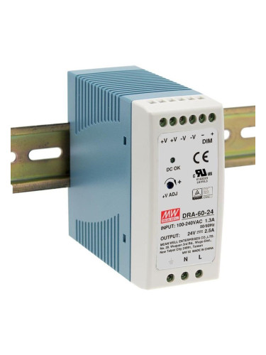 Импулсно захранване за DIN шина DRA-60-24, 24VDC, 24~30VDC, 2.5A, 60W, IP20, MEAN WELL