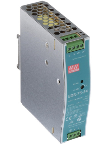 Импулсно захранване за DIN шина EDR-75-24, 24/24~28VDC, 3.2A, 76.8W, IP20, MEAN WELL