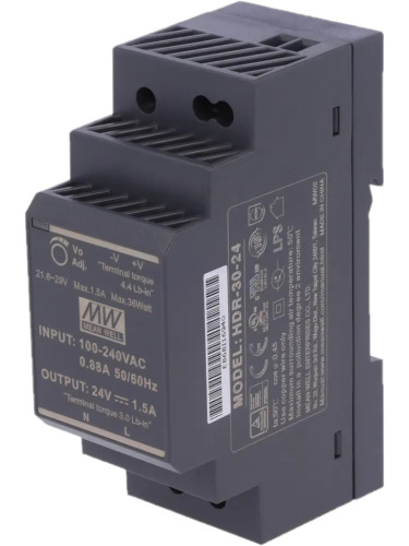 Импулсно захранване за DIN шина HDR-30-24, 21.6~29/24VDC, 1.5A, 36W, IP20, MEAN WELL