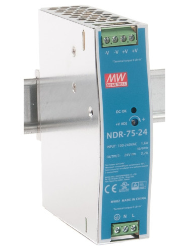 Импулсно захранване за DIN шина NDR-75-24, 24~28/24VDC, 3.2A, 76.8W, IP20, MEAN WELL