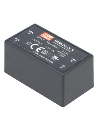 Импулсно захранване IRM-05-3.3, 3.3VDC, 1.25A, 4.125W, MEAN WELL