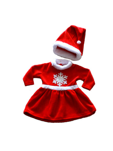 Коледна бебешка/детска плюшена рокля в червено със снежинка с шапка