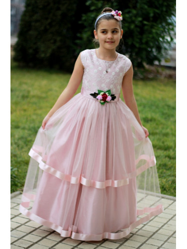 Официална детска дълга рокля в пепел от рози