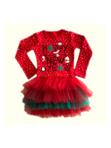 Ватирана коледна детска рокля с тюл и коледни мотиви