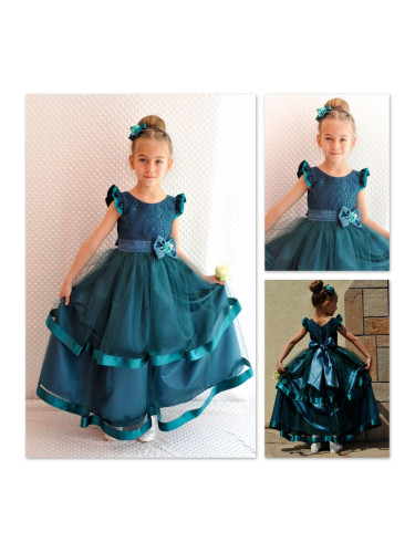 Официална детска дълга рокля в тъмнозелено с къс ръкав 212ЗД