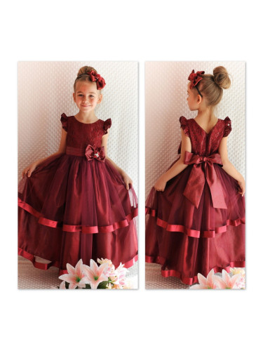 Официална детска дълга рокля в бордо до земята за принцеси от колекци