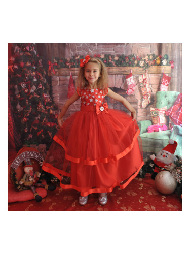 Официална детска дълга рокля в червено със снежинки