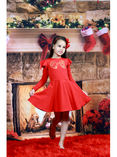 Детска рокля с дълъг ръкав в червено с панделка в златисто