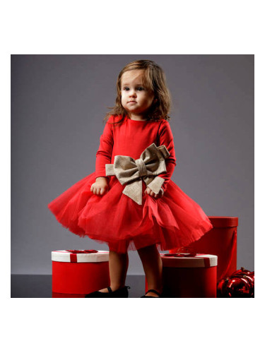 Детска/бебешка рокля в червено Contrast с панделка в златисто