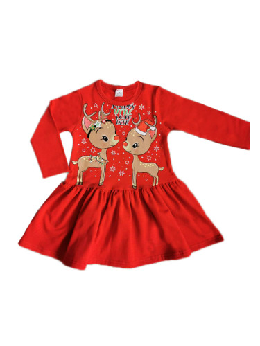 Коледна детска рокля в червено със сърнички
