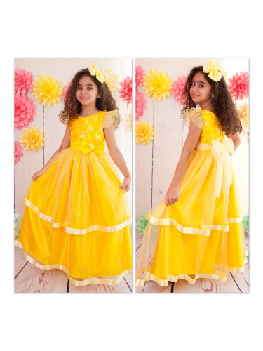 Официална дълга детска рокля в жълто с 3D пеперуди