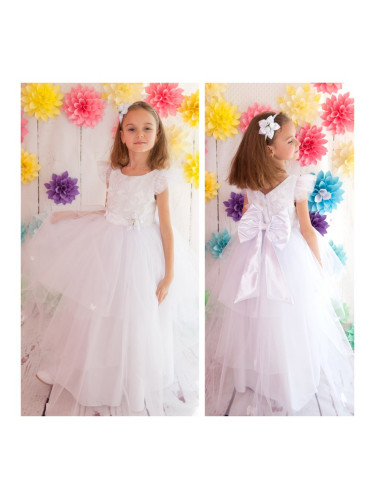 Официална детска дълга рокля Пепелота в бяло с пеперуди и голяма панде