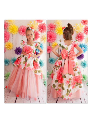 Официална детска дълга рокля Мишел на цветя в прасковено