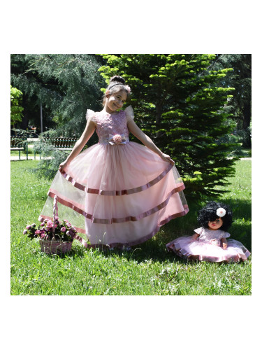 Официална детска дълга рокля Димана в пепел от рози с къс ръкав