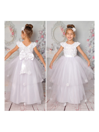 Официална дълга детска рокля в бяло с тюл и 3D цветя