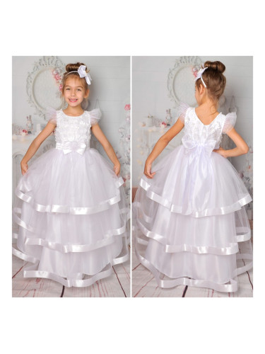 Дълга официална рокля в бяло с тюл и панделка отзад