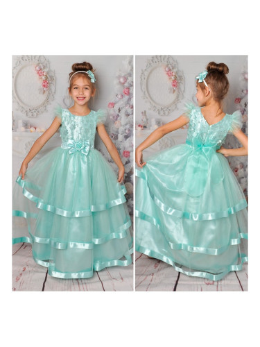 Официална дълга детска рокля с тюл и панделка в тюркоаз/мента