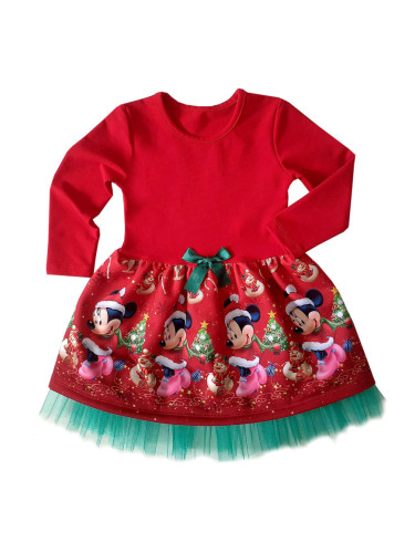 Детска коледна рокличка с дълъг ръкав в червено с Мини Маус