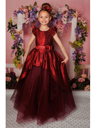 Официална детска дълга рокля в бордо с тюл и блясък 379ВД