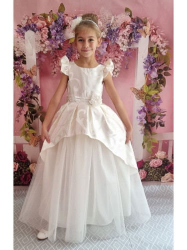 Официална дълга детска рокля с къс ръкав в екрю с тюл 379ШЖД