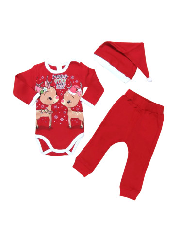  Бебешки коледен комплект от три части със сърнички в червено