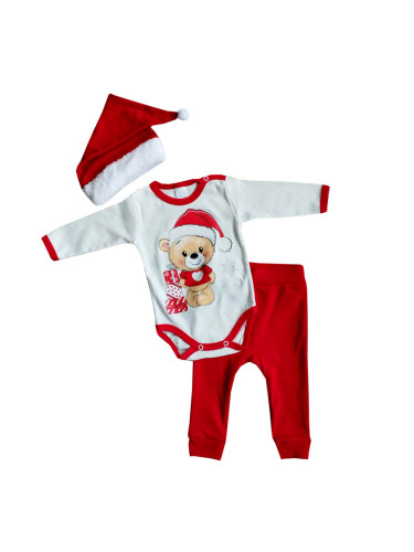 Бебешки коледен комплект с боди с меченце от три части