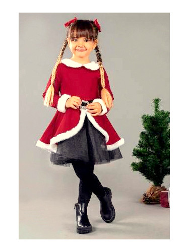 Детска коледна рокля в червено с дълъг ръкав и тюл