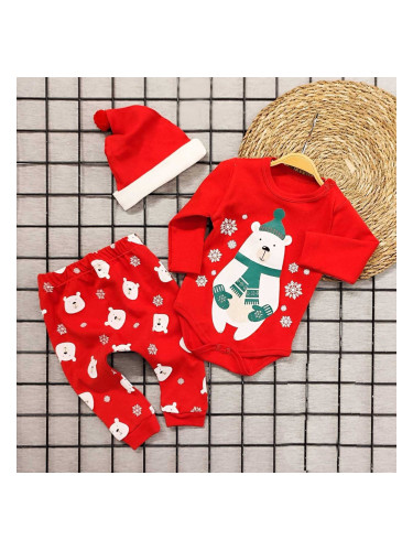 Бебешки коледен комплект с боди, панталонки и шапка с мечок в червено