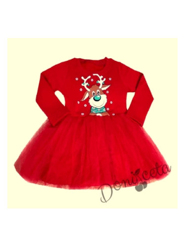 Ватирана коледна рокля Звън с еленче в червено и тюл