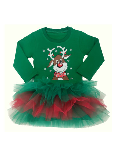 Ватирана детска коледна рокля в зелено Звън с тюл и еленче