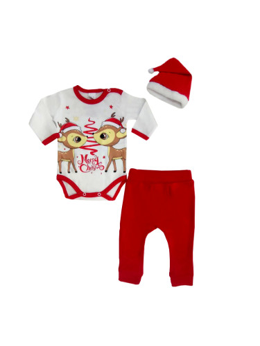 Бебешки коледен комплект от 3 части-боди в бяло с две сърнички и шапка