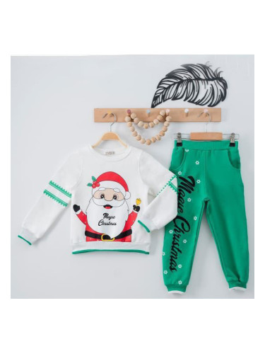 Коледен комплект от блуза в бяло с дядо Коледа и панталони в тюркоаз