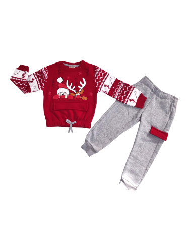 Коледен ватиран комплект от блуза в червено с Дядо Коледа и еленче и 