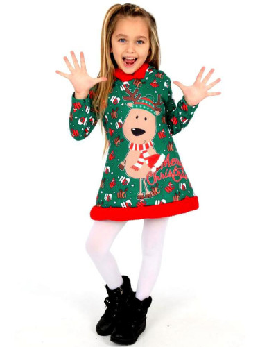Коледна детска рокля в зелено с елен и коледни мотиви с качулка