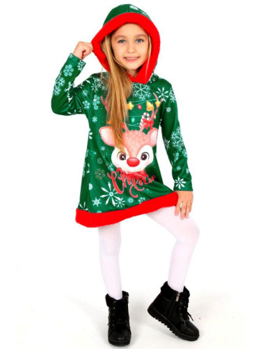 Коледна детска рокля в зелено с елен и качулка