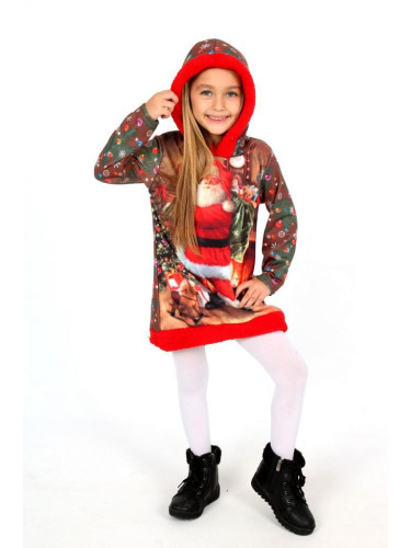 Коледна детска рокля в червено с дядо Коледа с качулка