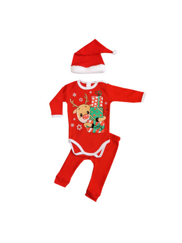 Бебешки коледен комплект от 3 части - боди в червено с еленче и шапка