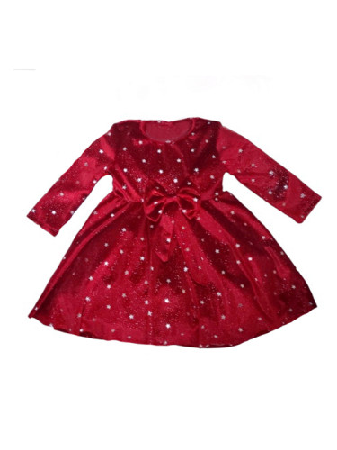 Коледна детска рокля от плюш в червено със звезди