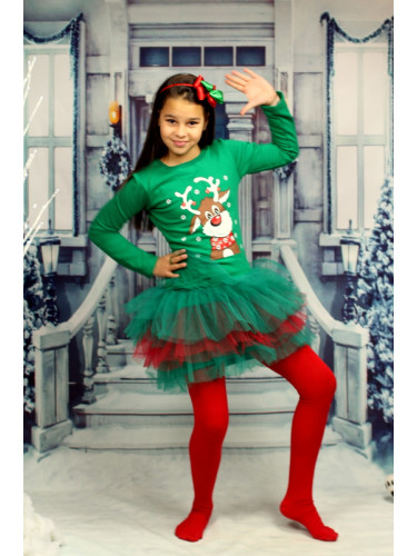 Ватирана детска коледна рокля в зелено с тюл и еленче Звън