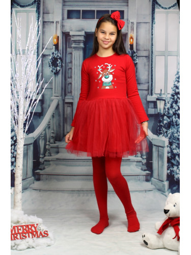Ватирана коледна рокля Звън с еленче в червено и тюл 44173