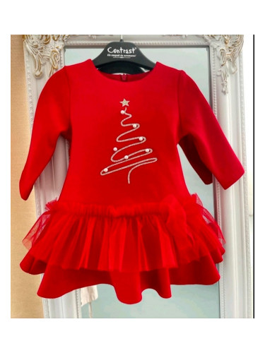 Коледна бебешка рокля в червено с елха