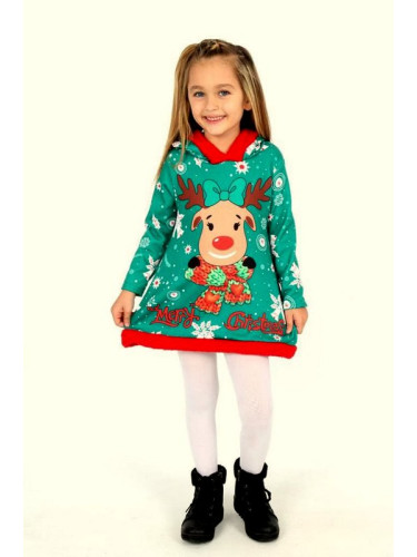 Коледна детска рокля в зелено с еленче и качулка