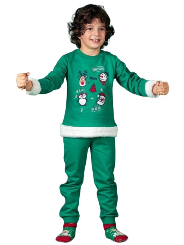 Коледен комплект в зелено с картинка на елен, снежен човек, пингвин и 