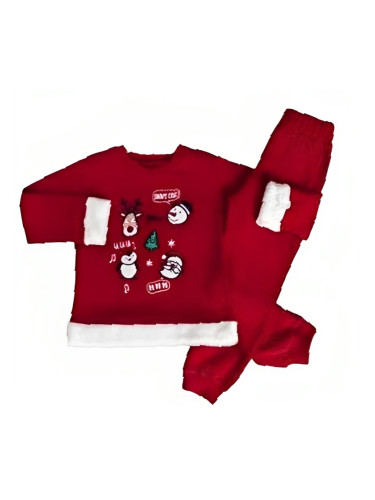 Коледен комплект в червено с картинка на елен, снежен човек, пингвин и