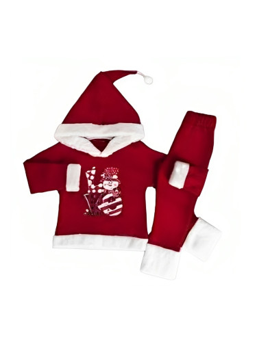 Коледен комплект в червено с надпис "LOVE" и снежен човек и качулка