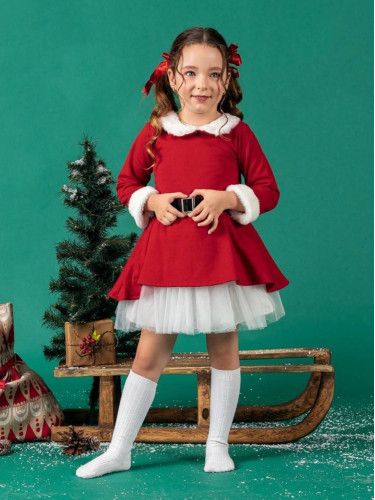 Детска изрязана коледна рокля с дълъг ръкав в червено с бяла пухкава я